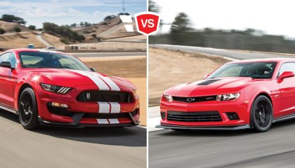 A Shelby GT350 nexts to a Camaro Z28