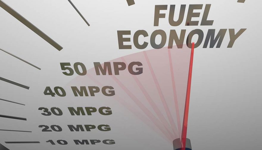 A gauge indicates that fuel economy drops with oil prices