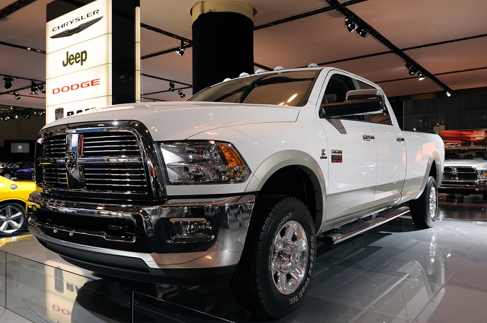 A white Ram pickup with a now-controversial Cummins engine