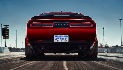 The rear of the Dodge Demon shows the car's wide body frame.