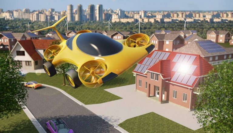 A flying car hovers over a neighborhood