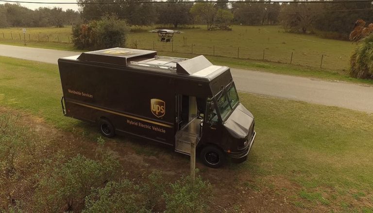 A UPS Van equipped for drone delivery