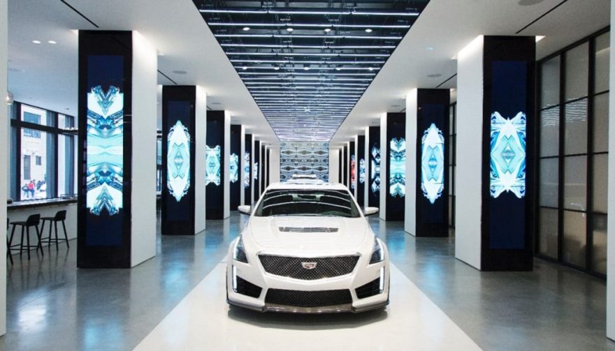 A row of cars in the Cadillac headquarters