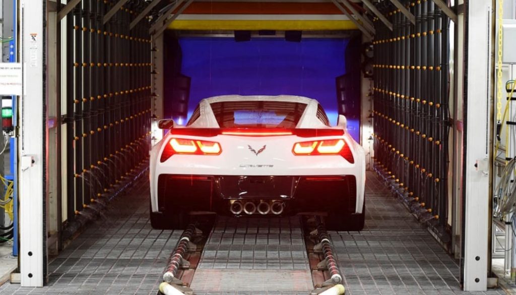 A car rolls off the production line at the Corvette Assembly Plant