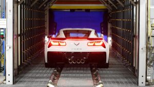 A car rolls off the production line at the Corvette Assembly Plant