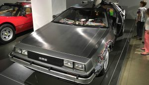 A DeLorean DMC-12 from Back to the Future is on display at the Petersen Automotive Museum