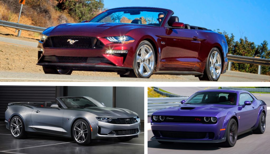 Cheap power and torque are the hallmarks of the Dodge Challenger, the Chevrolet Camaro, and the 2019 Ford Mustang GT Convertible. Here's how they stack up